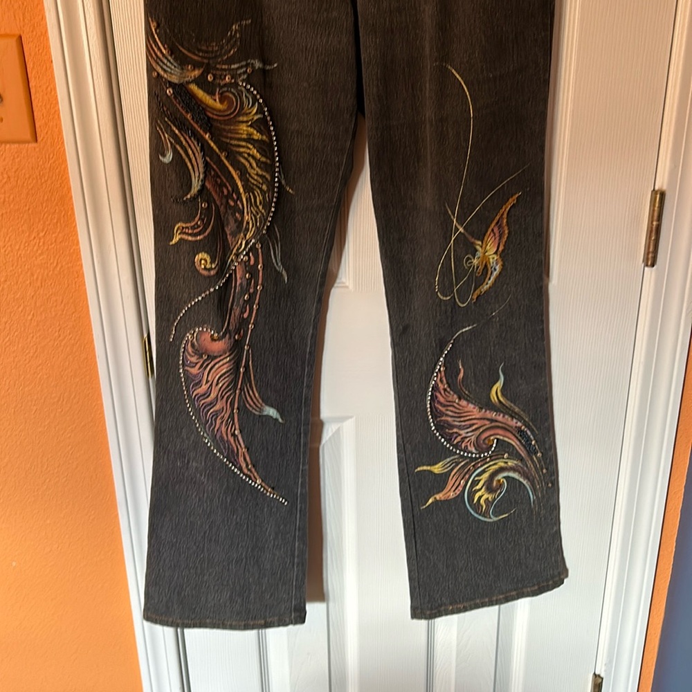 Black embellished denim pants